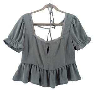 Forever 21 Peplum Blouse L Blue Gray Lace Cutout Keyhole Ruffled Neck Tie Square